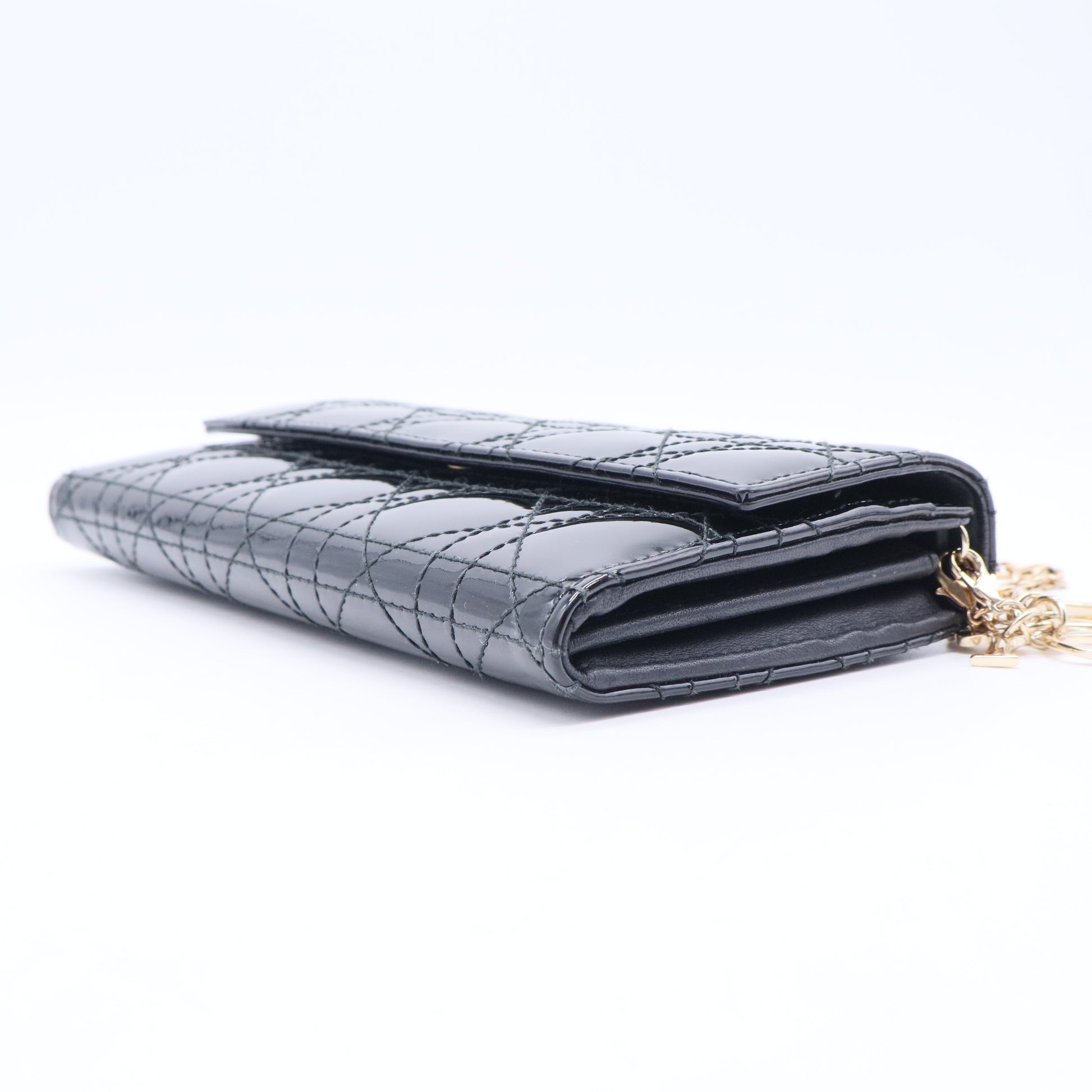 Black Cannage Patent Leather Lady Dior Wallet on Chain