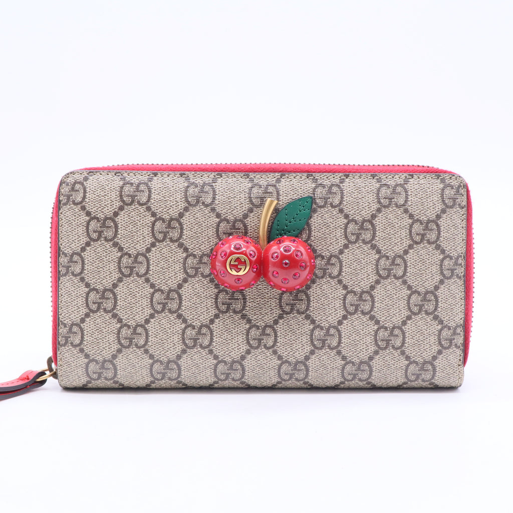 Cherry Leather Long Wallet Zip Canvas Cherrie GG Fruit Italy Beige Red NEW