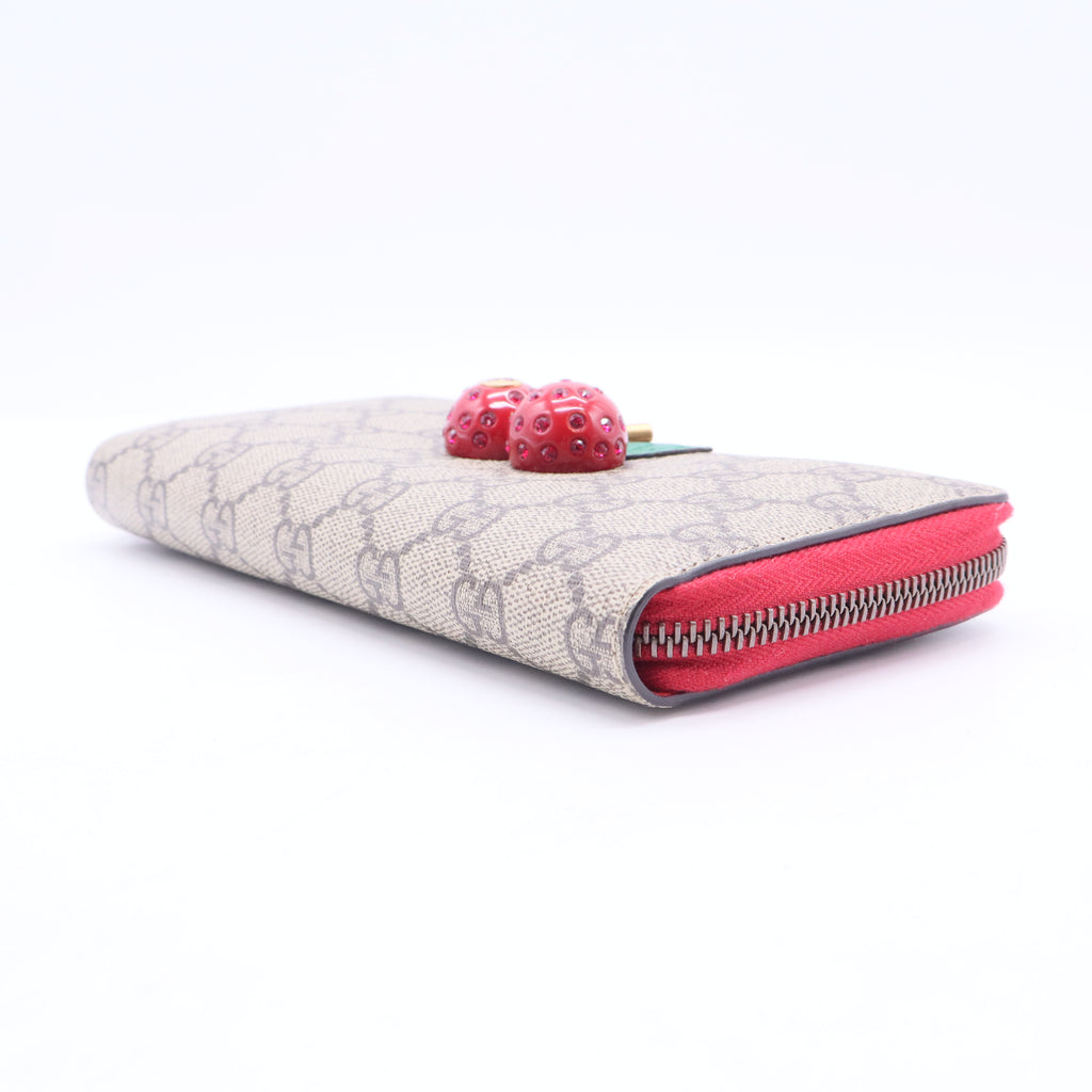 Cherry Leather Long Wallet Zip Canvas Cherrie GG Fruit Italy Beige Red NEW