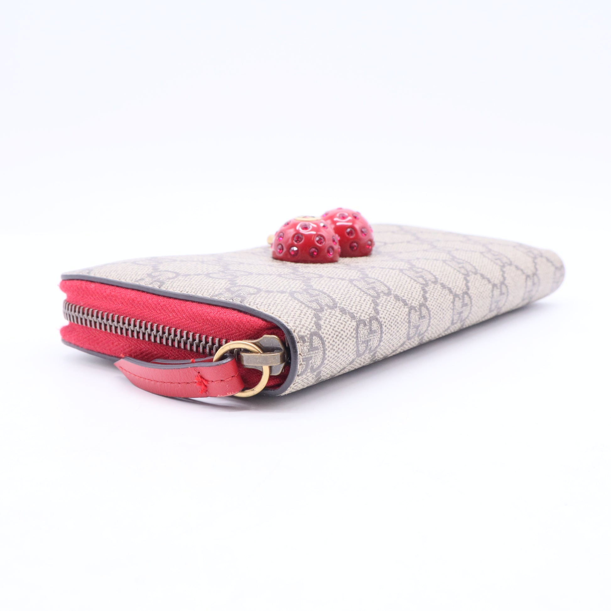 Cherry Leather Long Wallet Zip Canvas Cherrie GG Fruit Italy Beige Red NEW