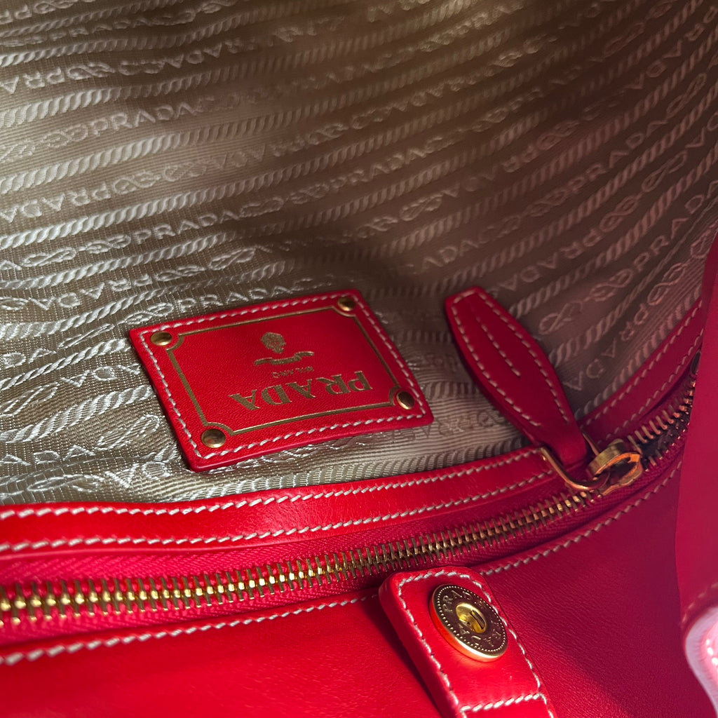 Prada Red Cervo Leather Zip Around Hobo twins
