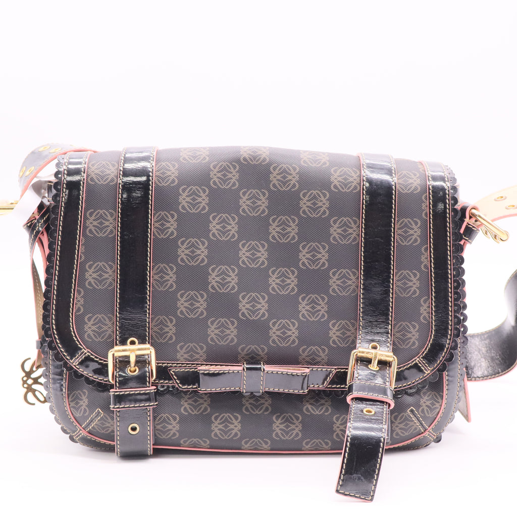 Loewe Anagram Canvas Messenger Bag Brown Leather Trim Gold Hardware Twins