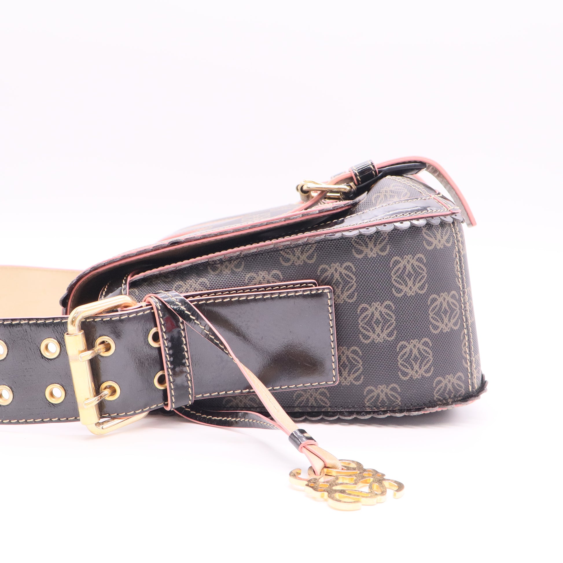 Loewe Anagram Canvas Messenger Bag Brown Leather Trim Gold Hardware Twins