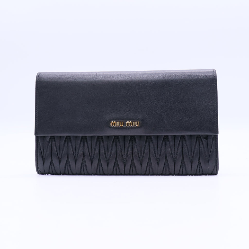 Miu Miu Black Matelasse Leather Flap Clutch/Wallet  twins W20911