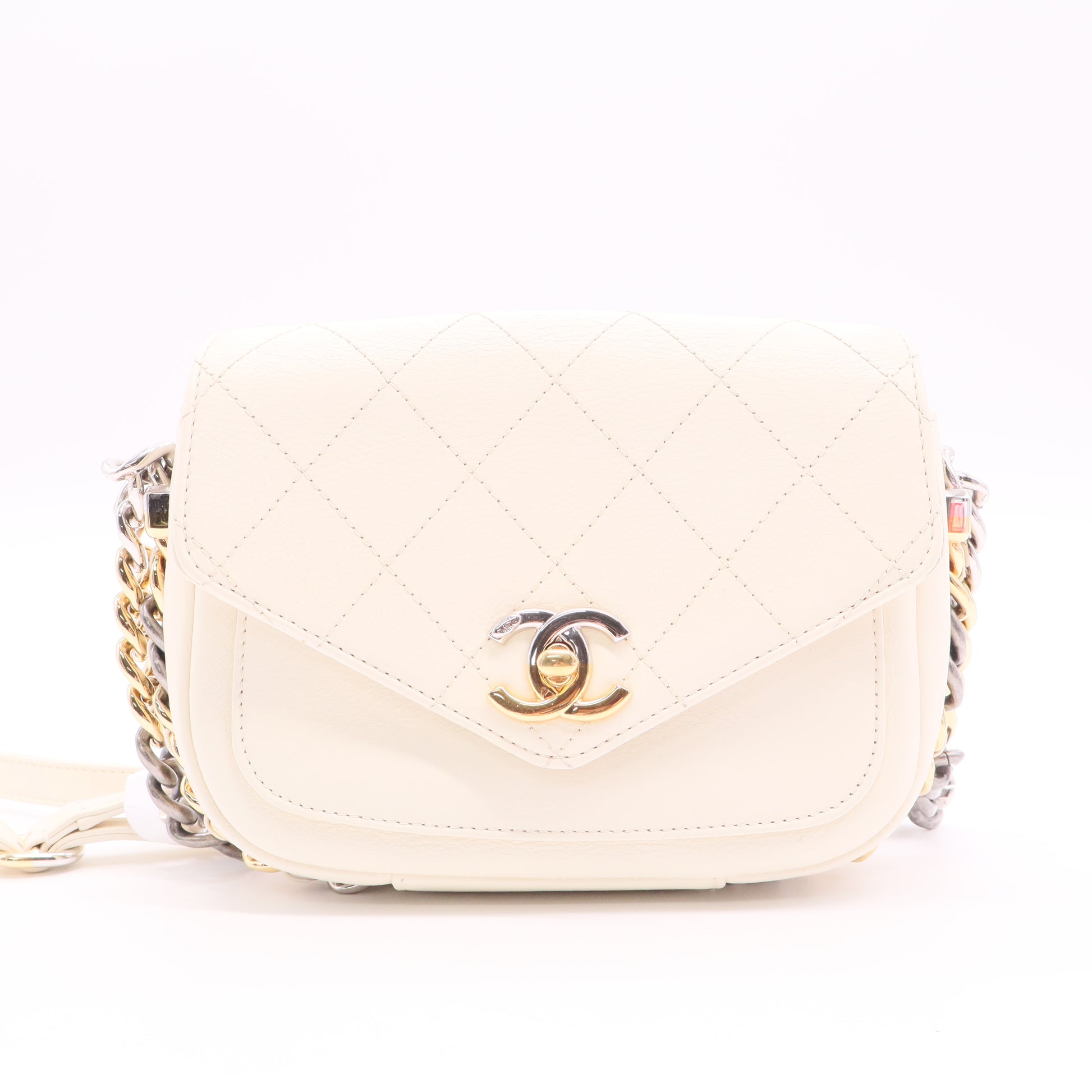 Chanel Small Classic Flap Bag White Quilted Lambskin Mixed Metal Chain Twins
