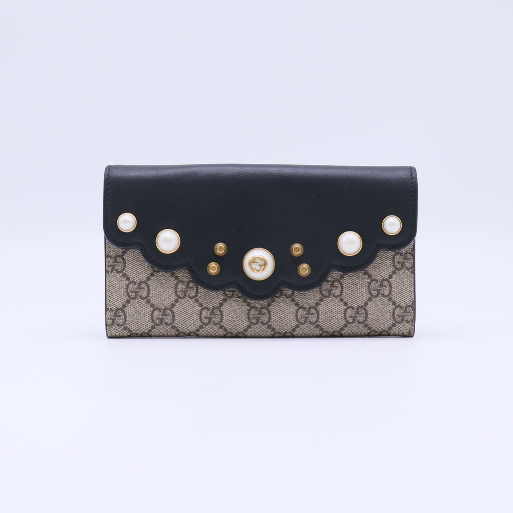 Gucci GG Supreme Pearl Studded Peony Continental Wallet W21813
