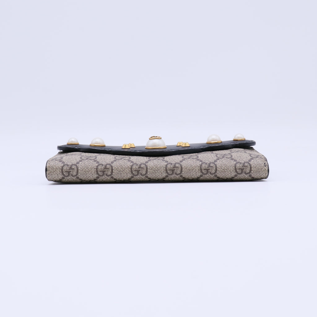 Gucci GG Supreme Pearl Studded Peony Continental Wallet W21813