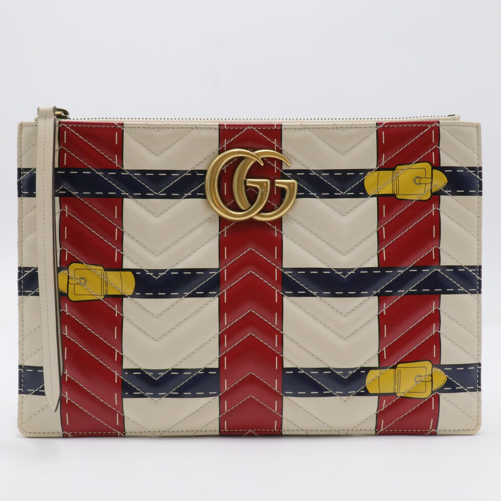 Calfskin Matelasse Trompe L'Oeil Print GG Marmont Zip Pouch White