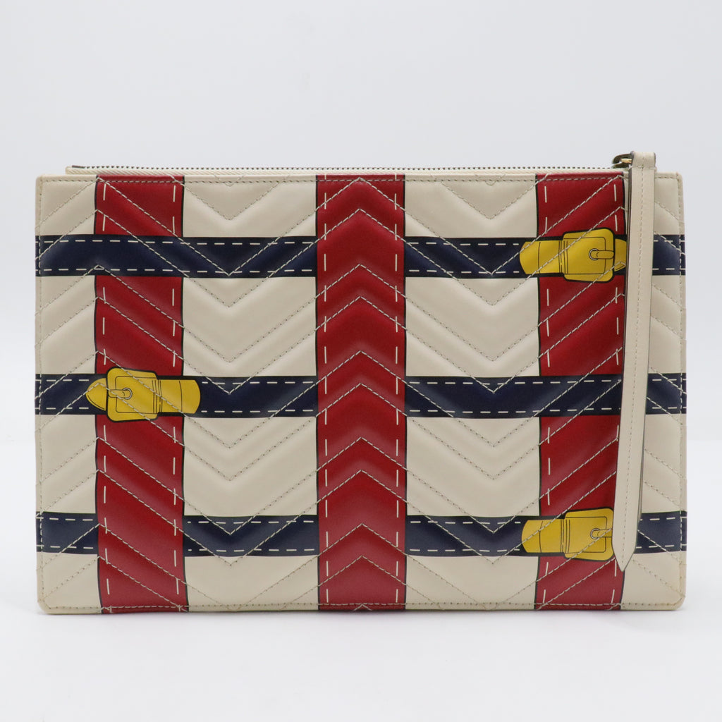 Calfskin Matelasse Trompe L'Oeil Print GG Marmont Zip Pouch White