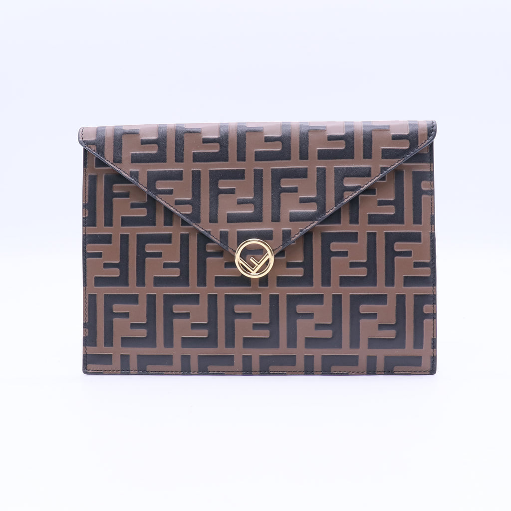 F is Fendi Envelope Flat Pouch Zucca Embossed Leather Large Twins W21021