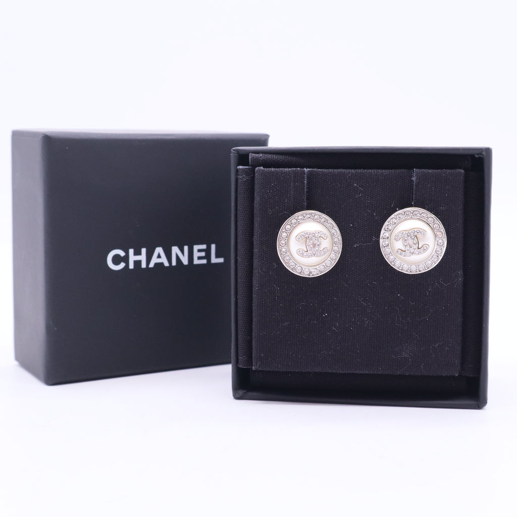 Chanel Pearl Crystal CC Round Earrings Silver Twins