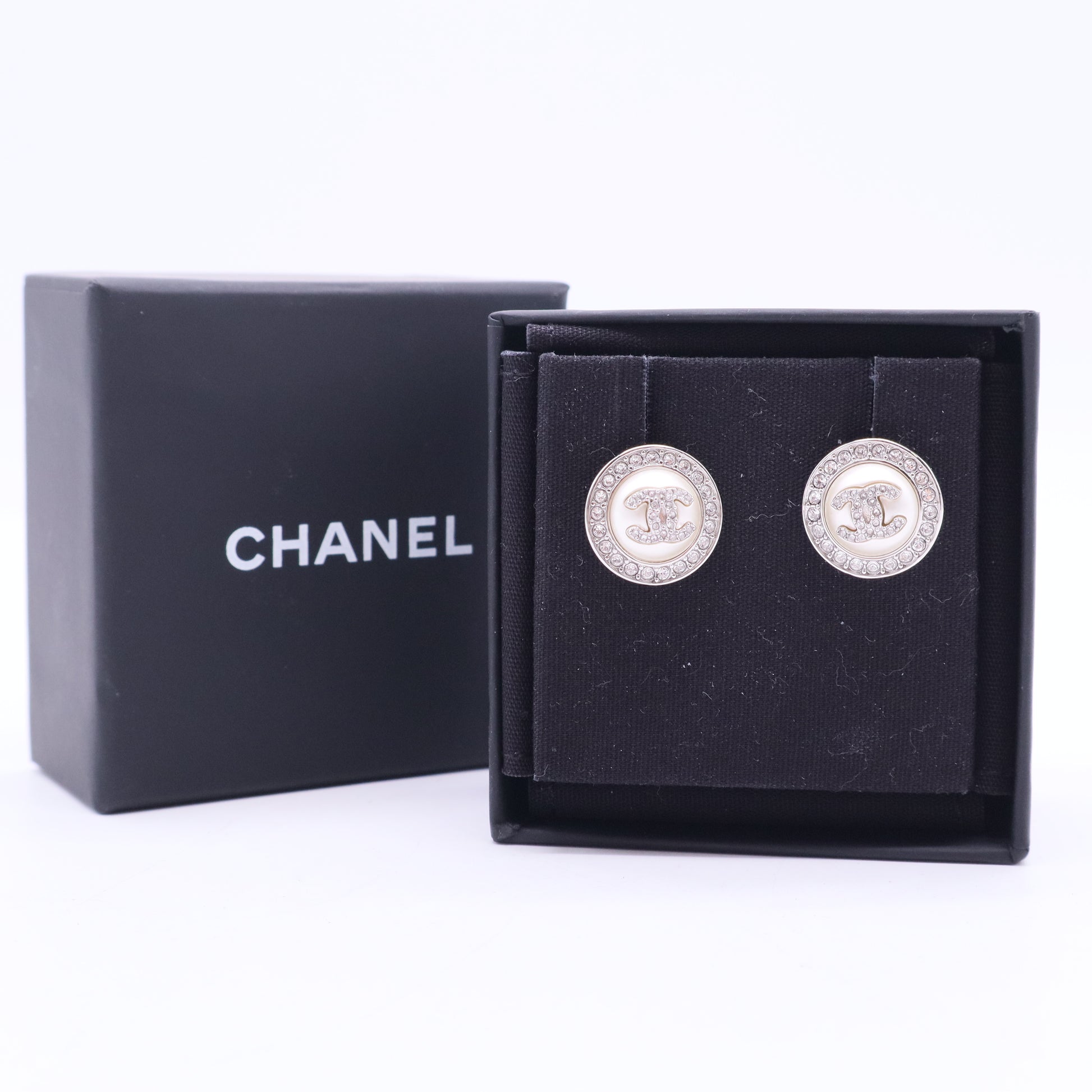 Chanel Pearl Crystal CC Round Earrings Silver Twins
