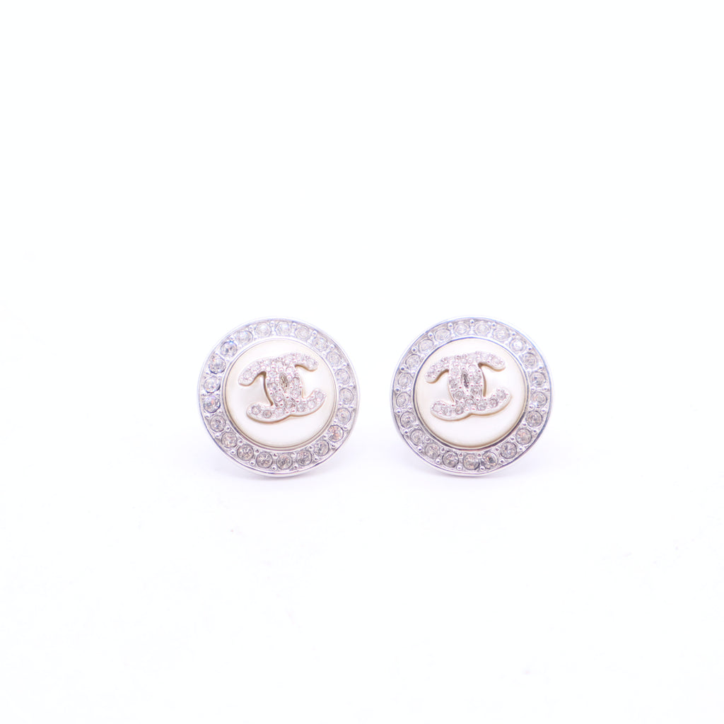 Chanel Pearl Crystal CC Round Earrings Silver Twins