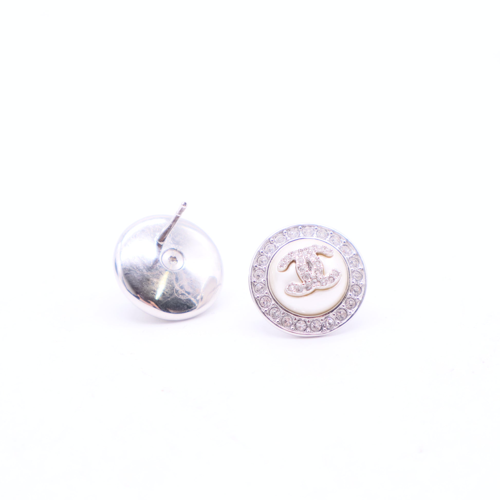 Chanel Pearl Crystal CC Round Earrings Silver Twins