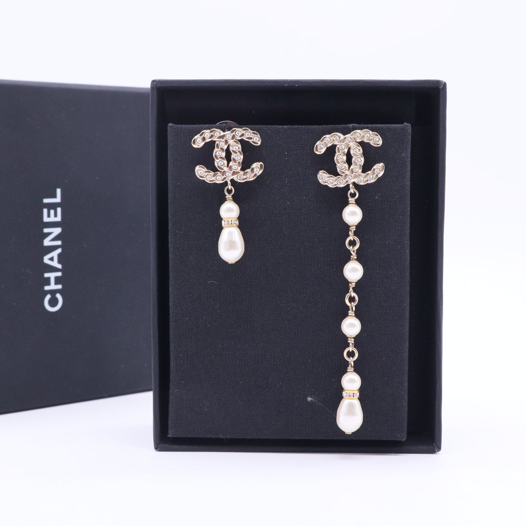 CHANEL Crystal and Faux Pearl Coronation Uneven Drop Earrings Twins