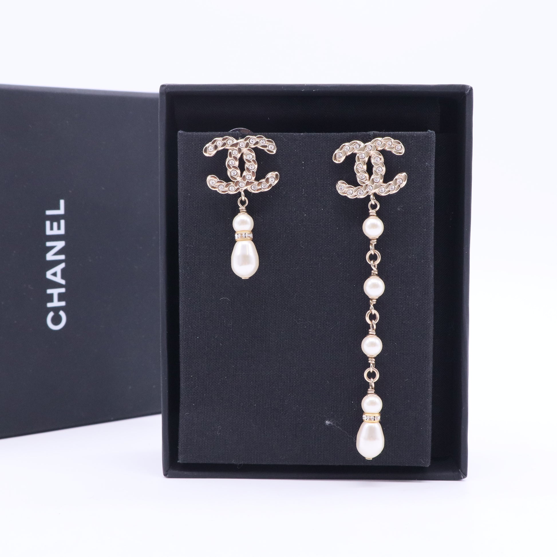 CHANEL Crystal and Faux Pearl Coronation Uneven Drop Earrings Twins