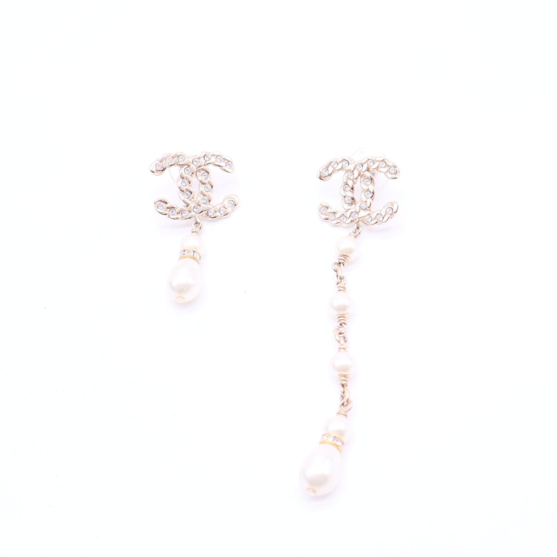 CHANEL Crystal and Faux Pearl Coronation Uneven Drop Earrings Twins