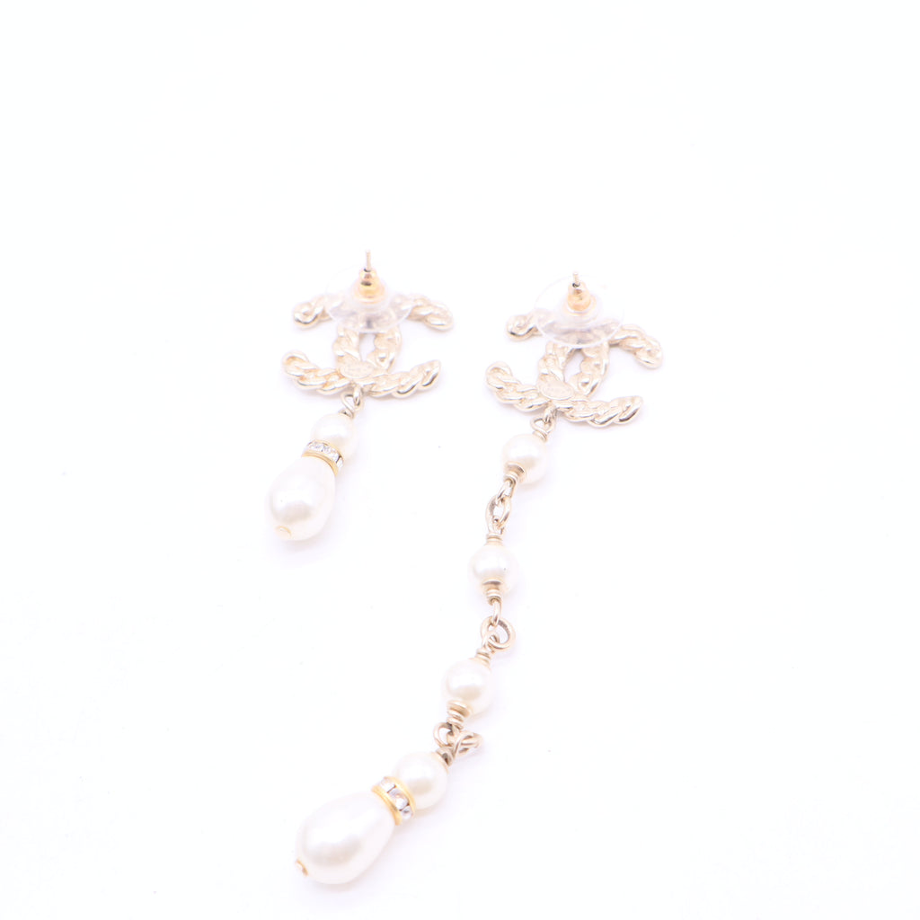CHANEL Crystal and Faux Pearl Coronation Uneven Drop Earrings Twins