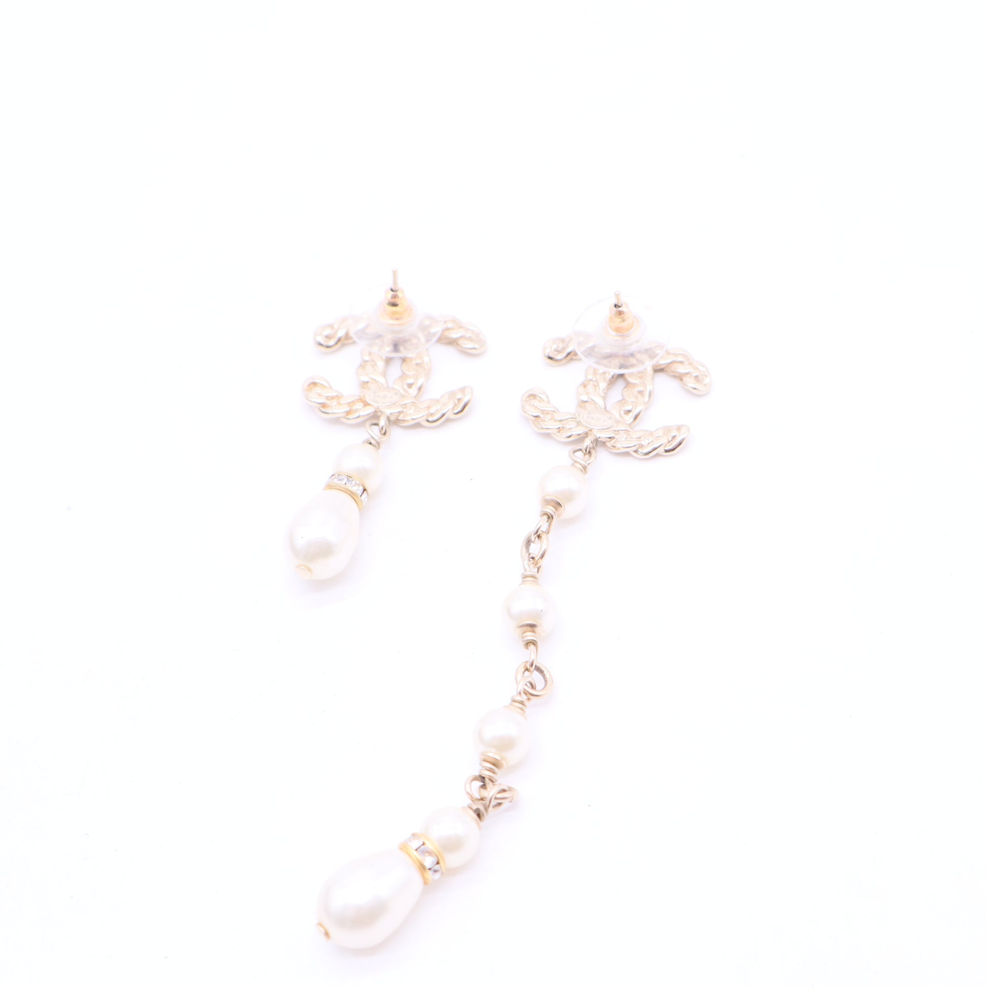 CHANEL Crystal and Faux Pearl Coronation Uneven Drop Earrings Twins