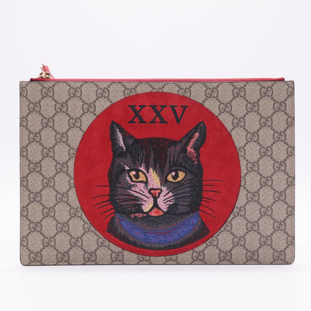 GG Supreme Monogram Bosco Patch Zip Pouch Beige Malva Hibiscus Red