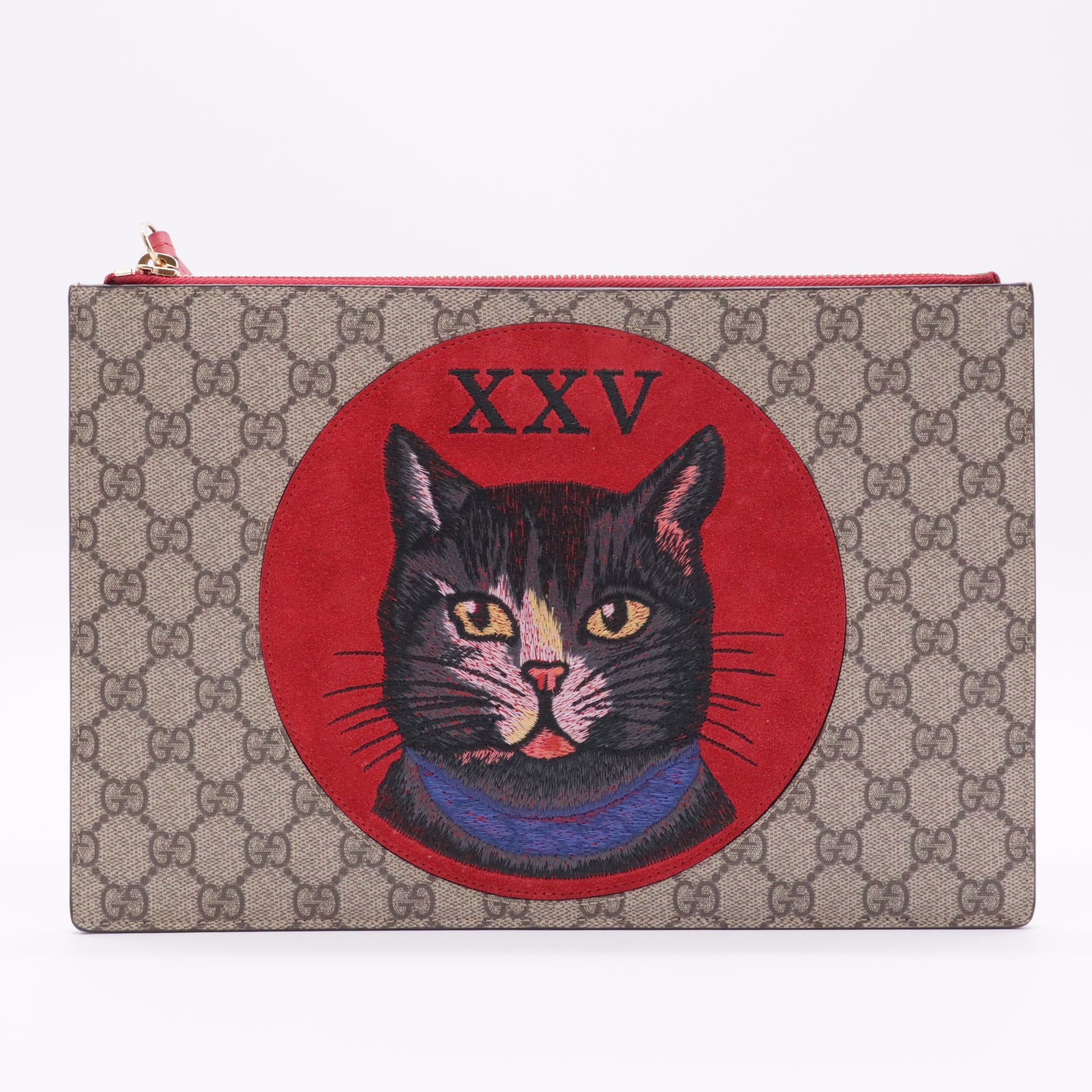 GG Supreme Monogram Bosco Patch Zip Pouch Beige Malva Hibiscus Red