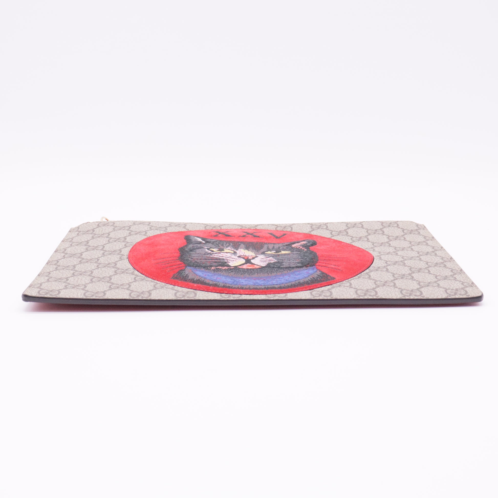 GG Supreme Monogram Bosco Patch Zip Pouch Beige Malva Hibiscus Red