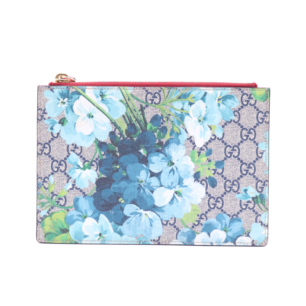 Gucci Supreme Monogram Blooms Small Zip Pouch Beige Blue Hibiscus Red