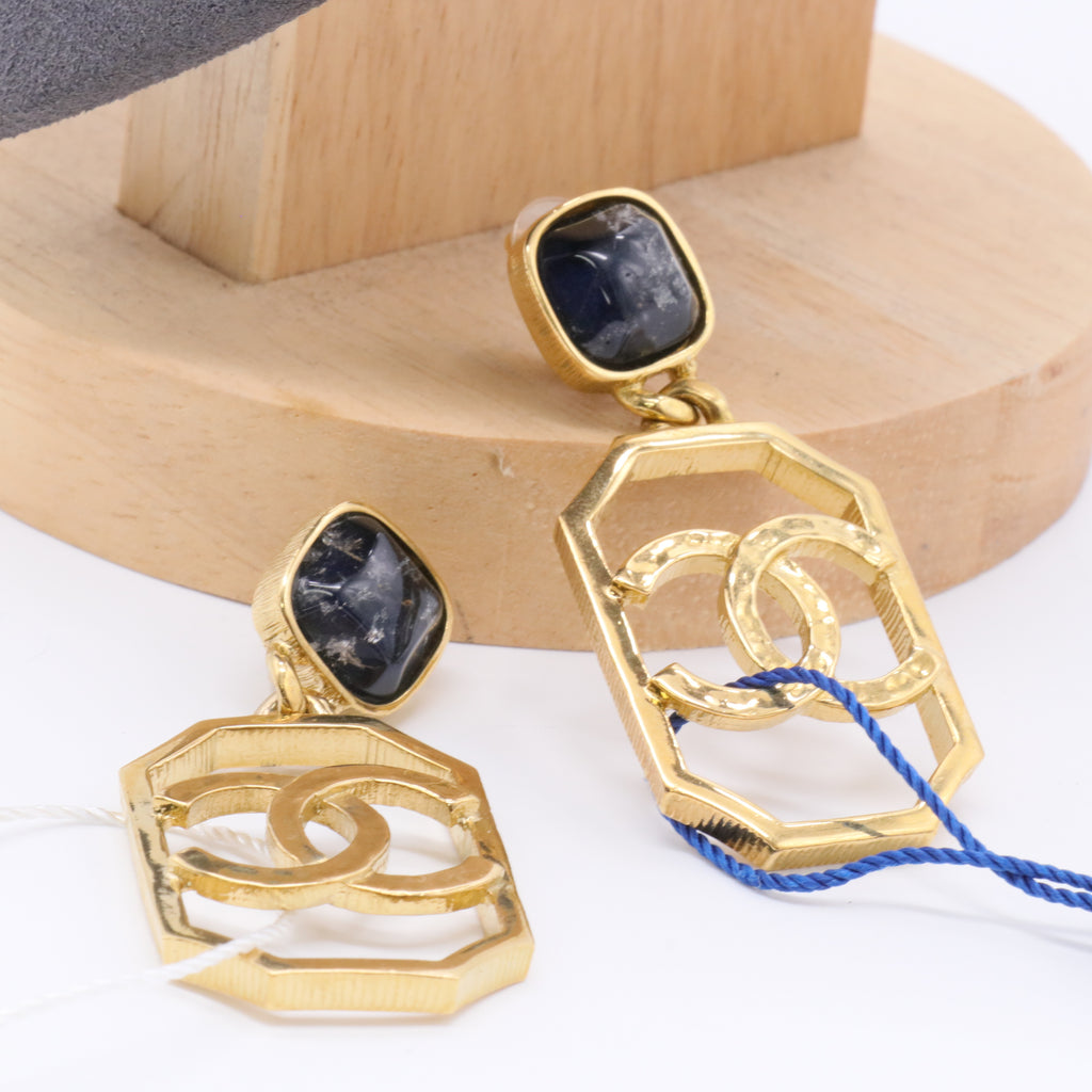 2020 Stone CC Drop Earrings Gold Metal Blue Stone Twins