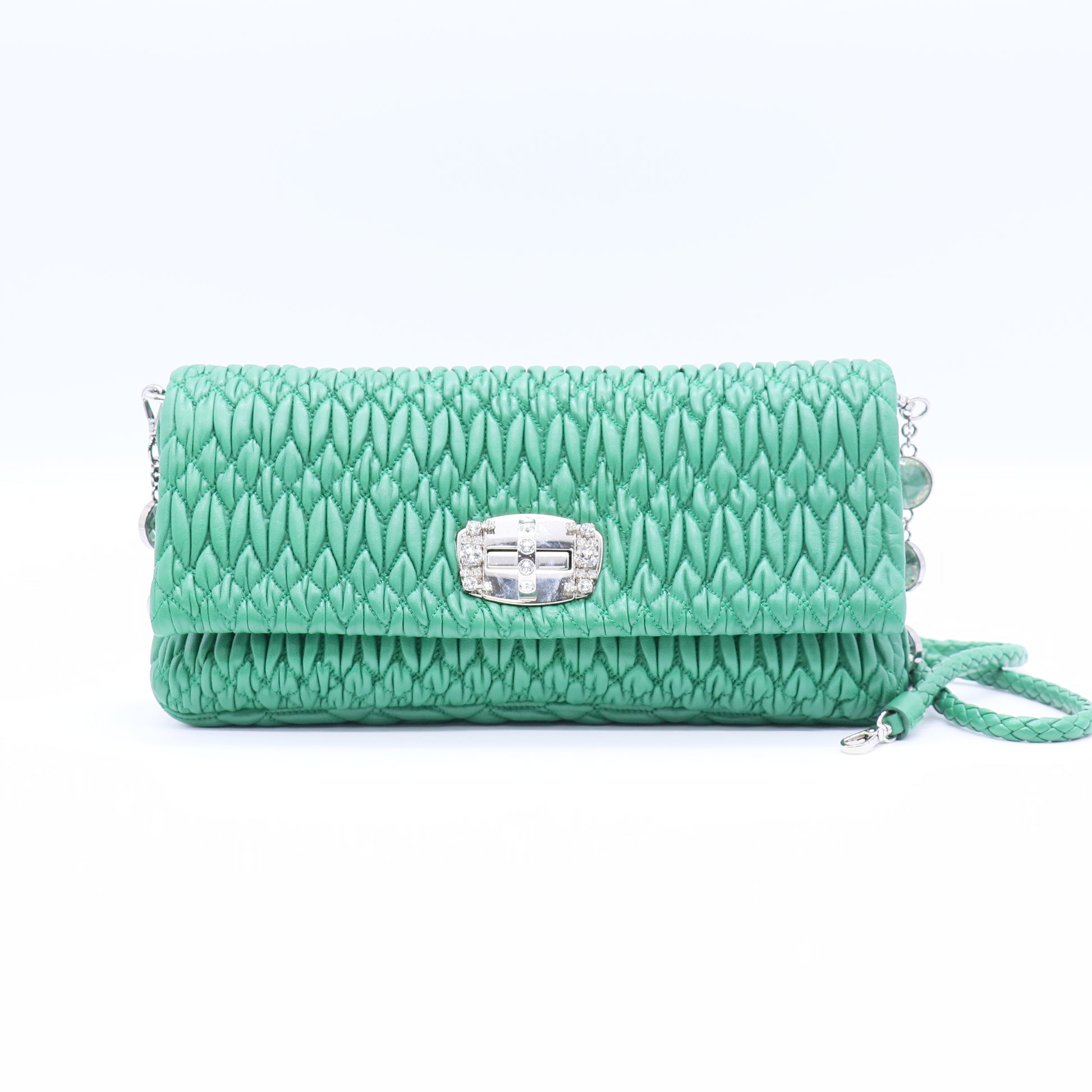 Miu Miu Light Blue Matelassé Leather Crystal Shoulder Bag twins LDJ3698