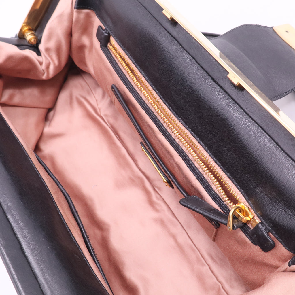 Miu Miu Coffer Matelassé Leather Top Handle Bag Black Gold Hardware Twins