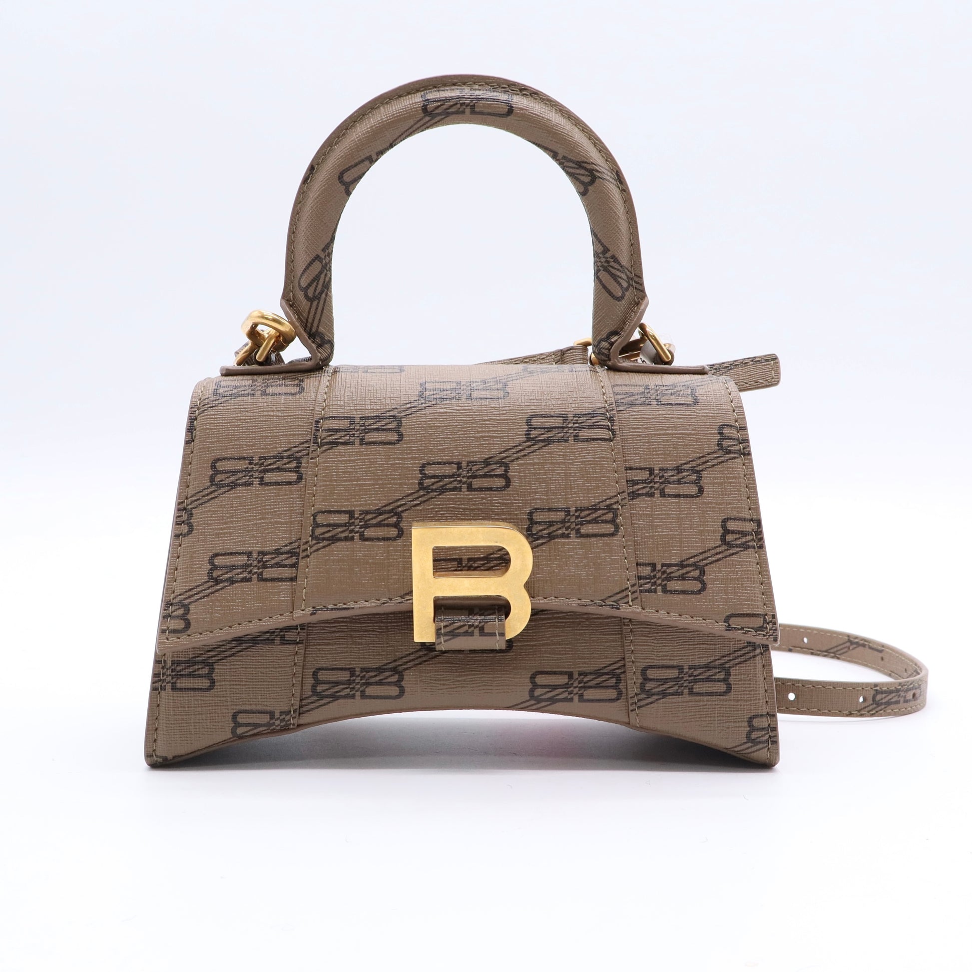 Balenciaga Coated Canvas BB Monogram Hourglass Top Handle Bag XS Beige Brown J2411 twins