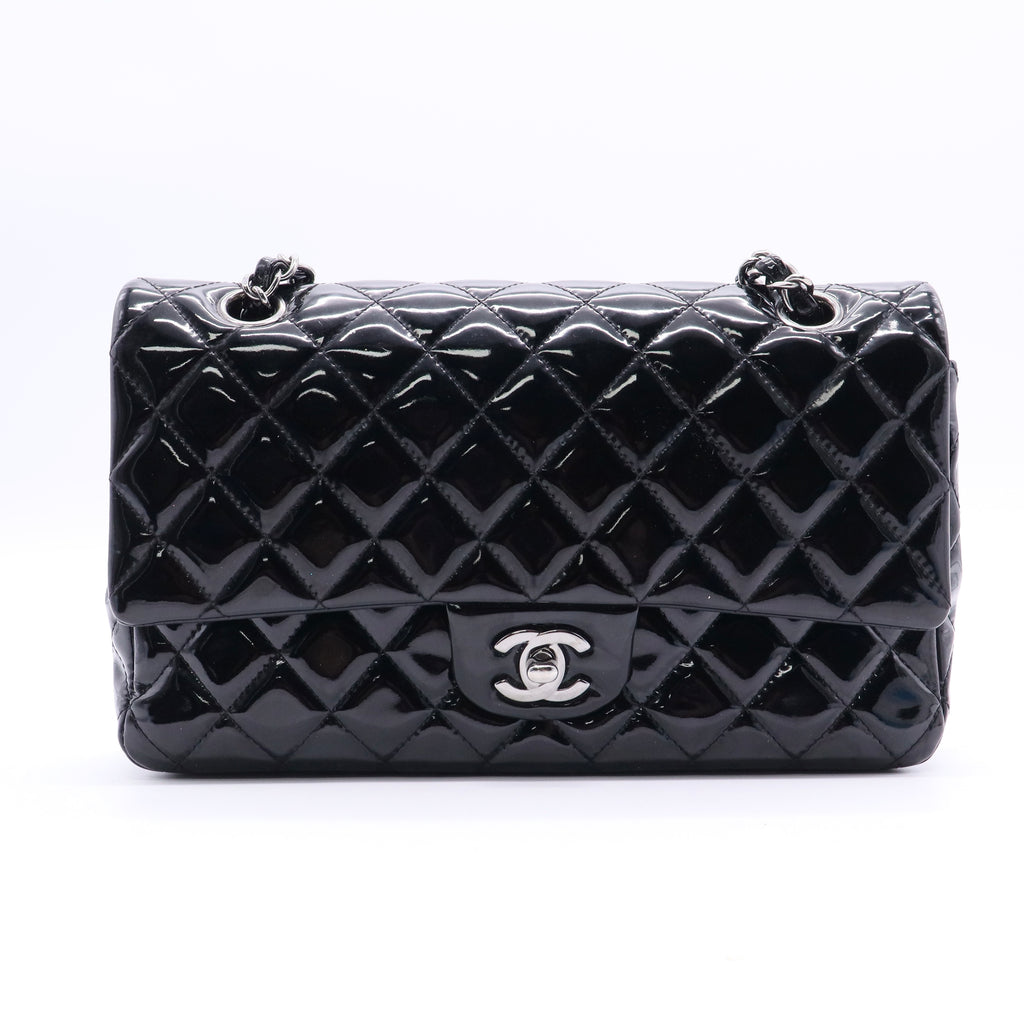 Chanel Black Quilted Patent Leather Medium Classic Flap Bag twins