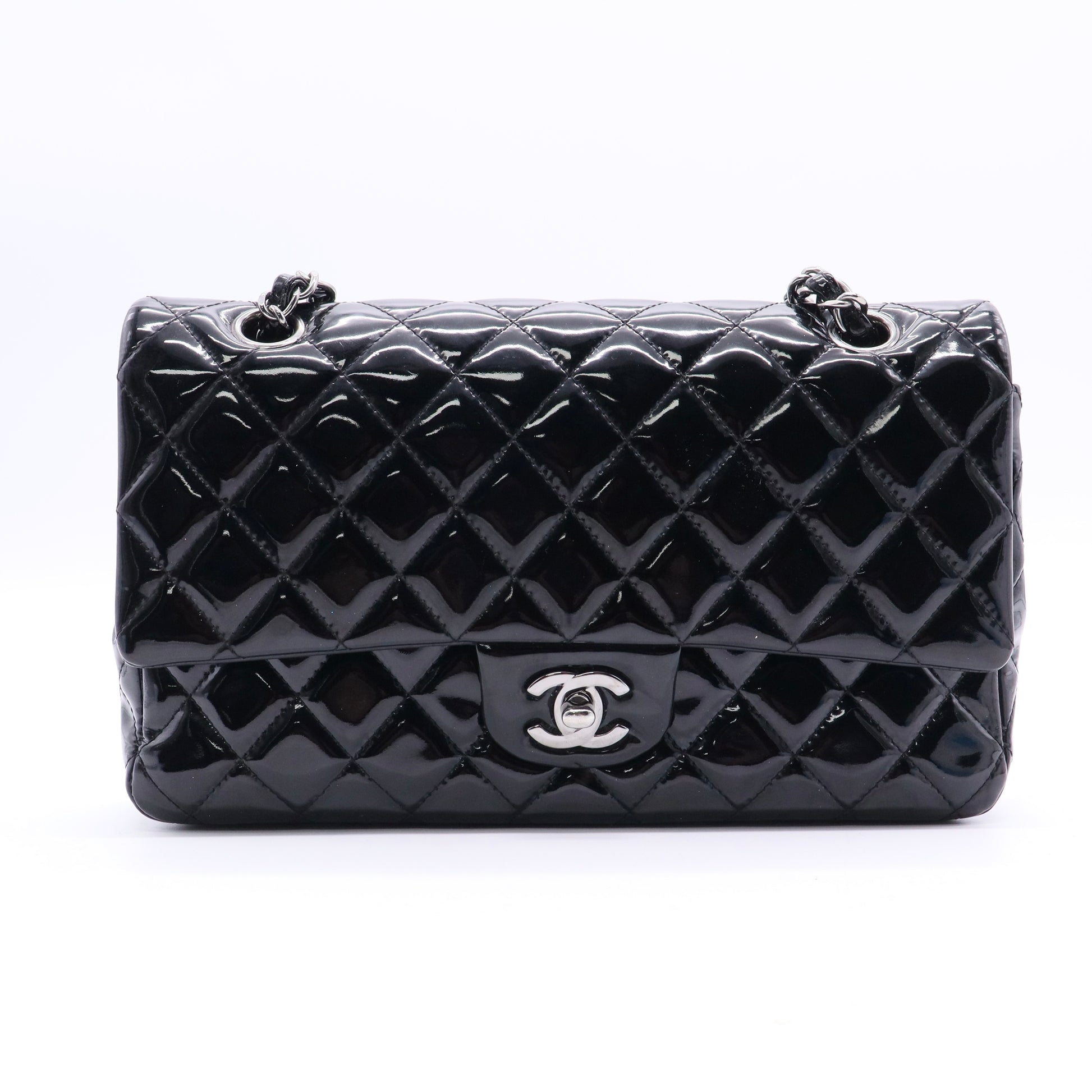 Chanel Black Quilted Patent Leather Medium Classic Flap Bag twins