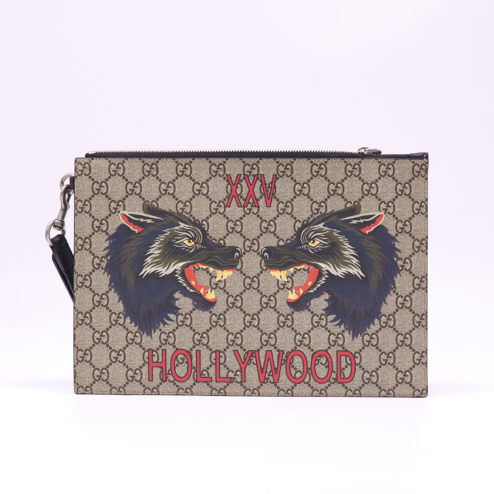 Gucci GG Supreme Bestiary Wolf Print "XXV Hollywood" Zip Pouch W22033