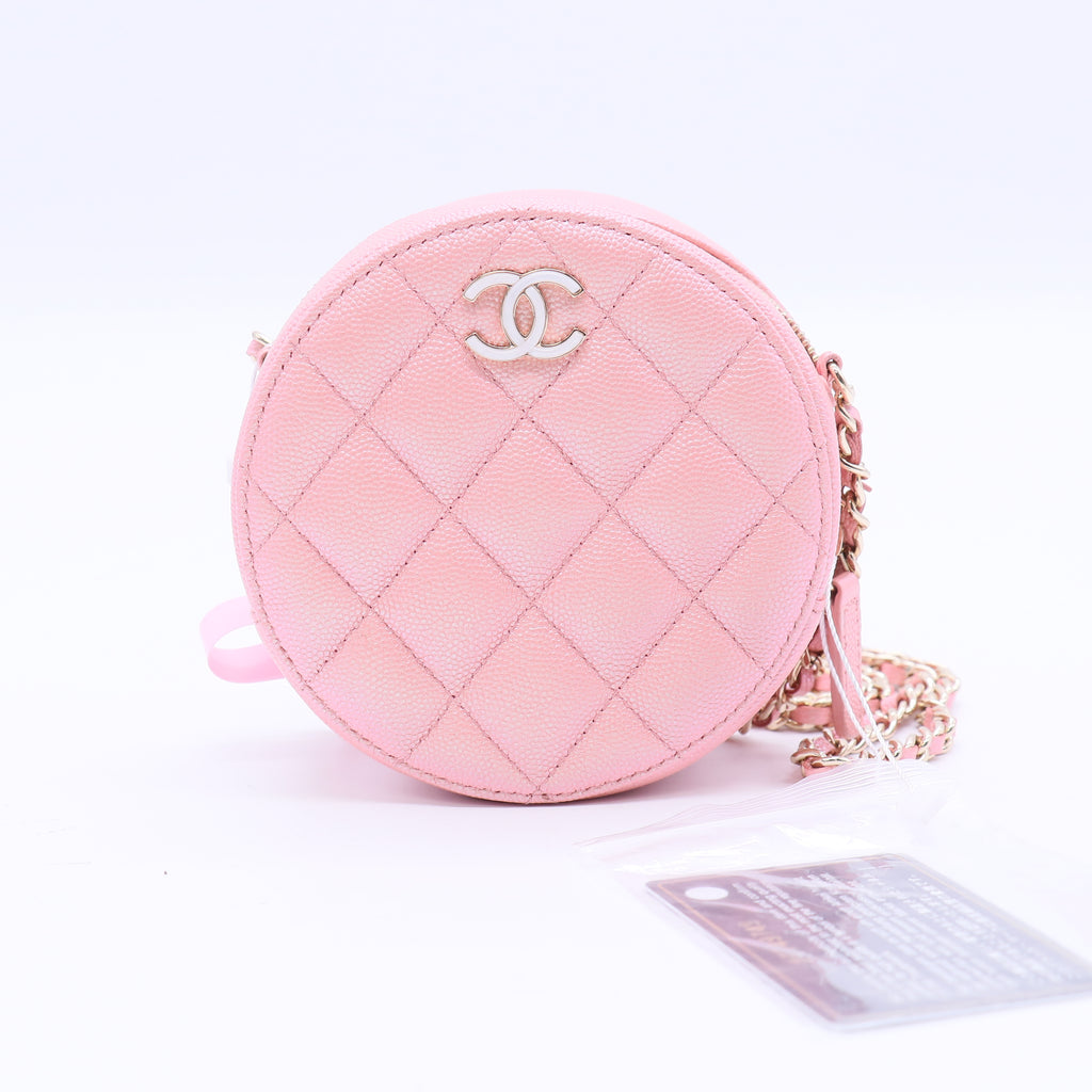 Round Clutch with Chain Quilted Iridescent Caviar Mini Twins LDJ3709