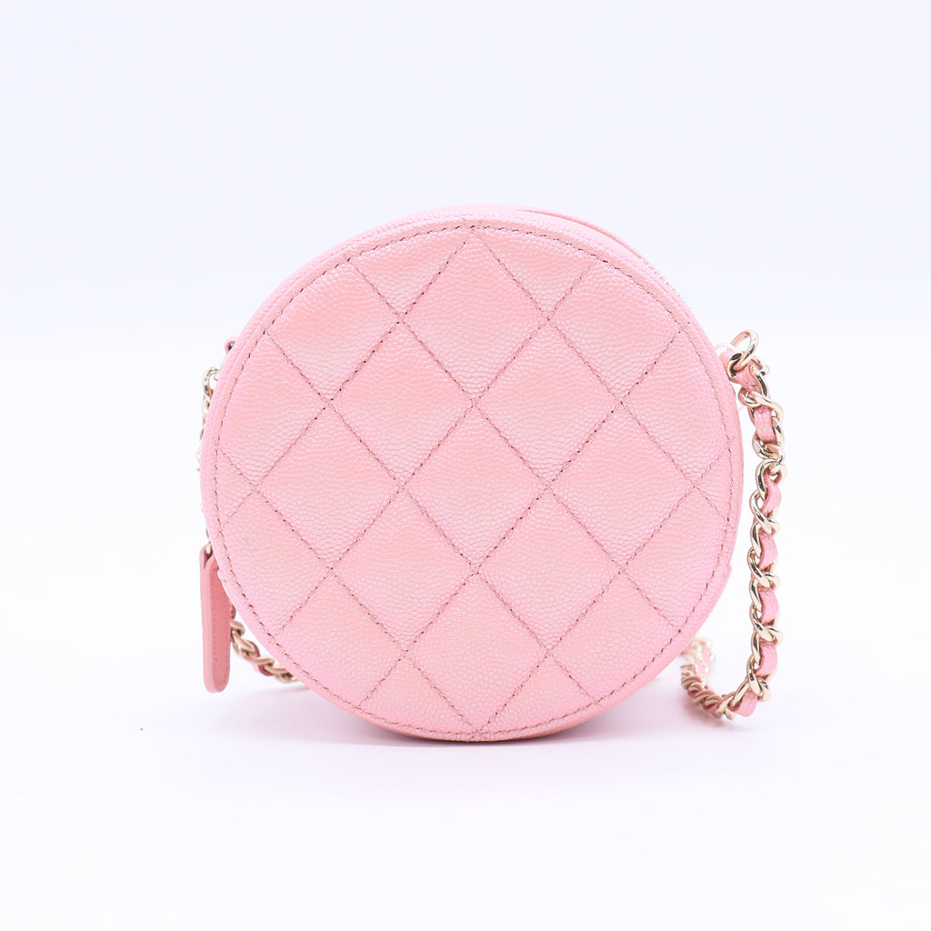 Round Clutch with Chain Quilted Iridescent Caviar Mini Twins LDJ3709