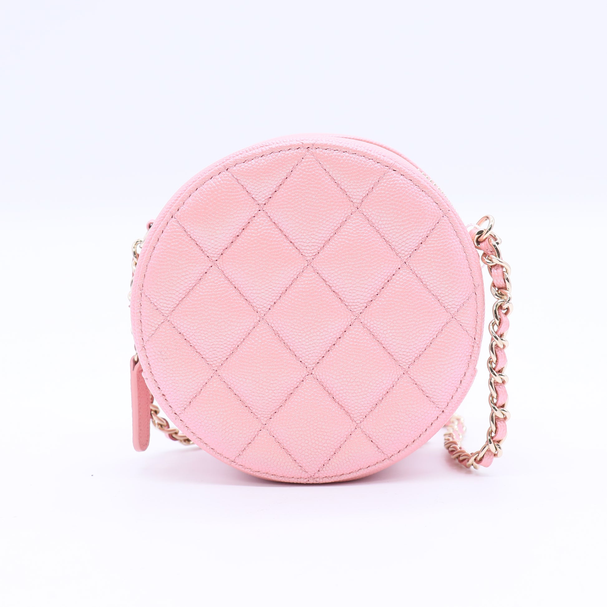 Round Clutch with Chain Quilted Iridescent Caviar Mini Twins LDJ3709