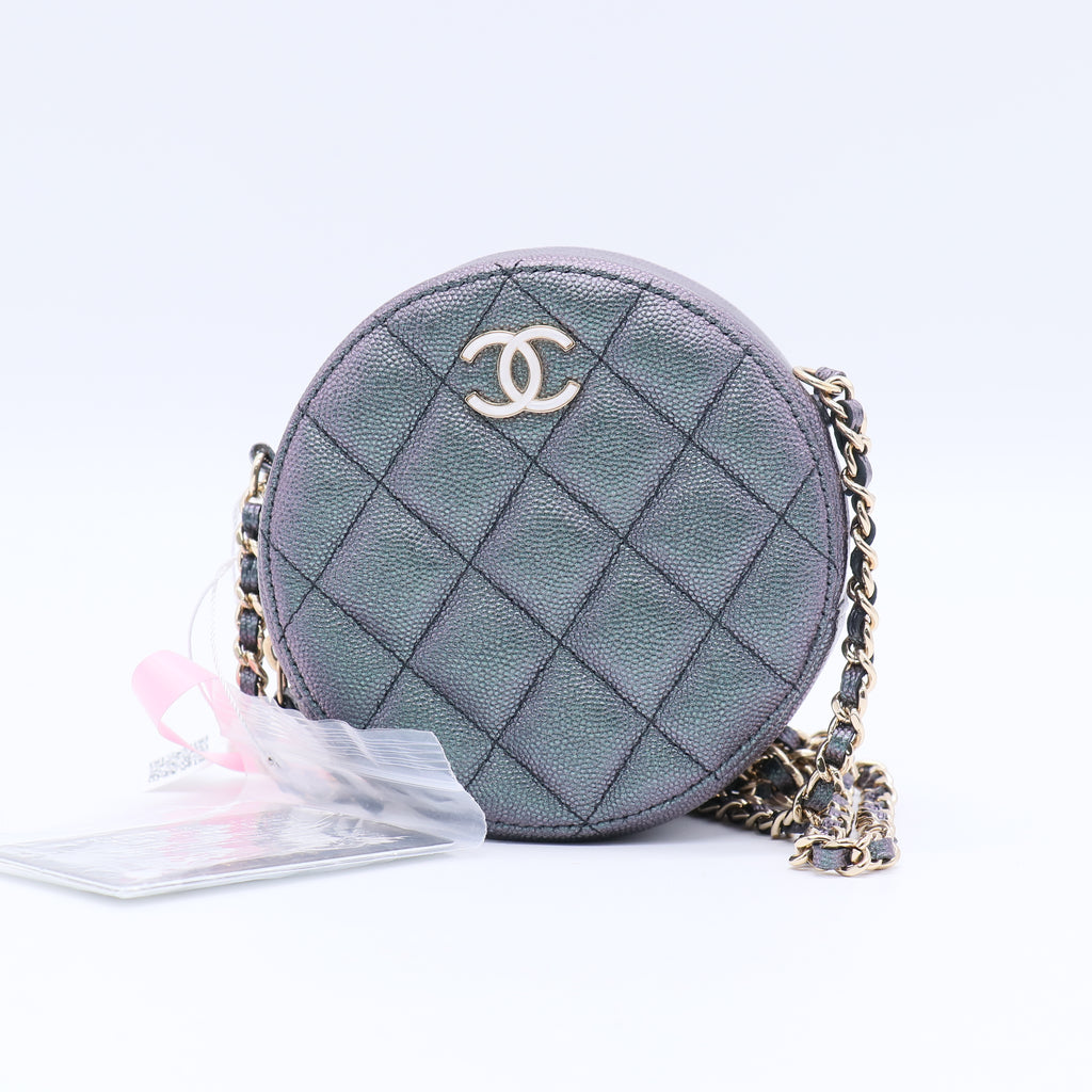Round Clutch with Chain Quilted Iridescent Caviar Mini Twins LDJ3708