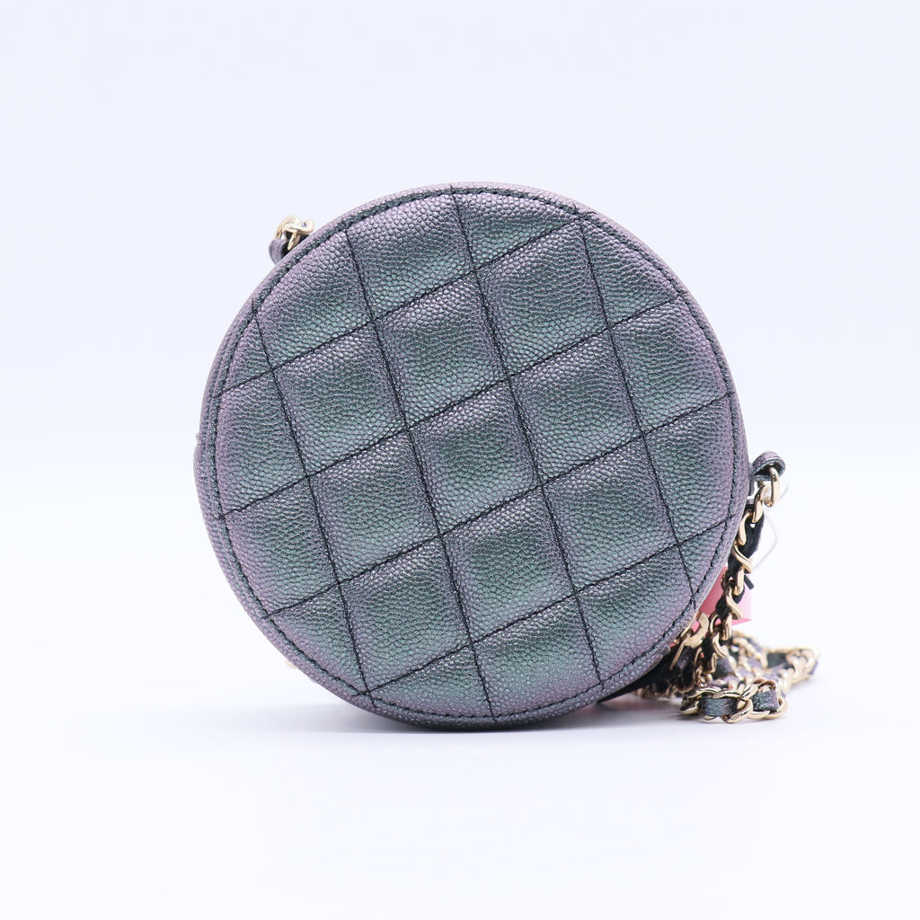 Round Clutch with Chain Quilted Iridescent Caviar Mini Twins LDJ3708