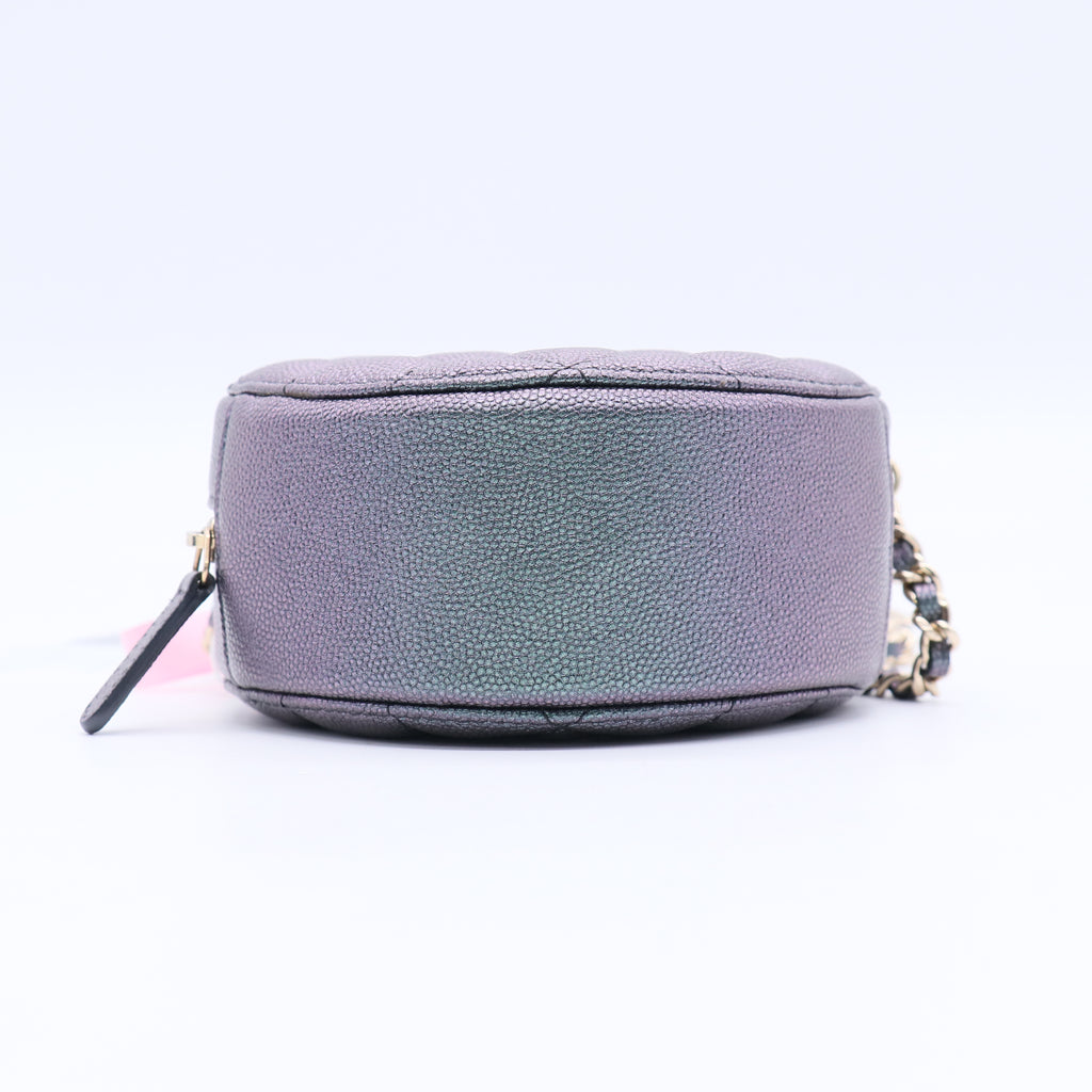 Round Clutch with Chain Quilted Iridescent Caviar Mini Twins LDJ3708