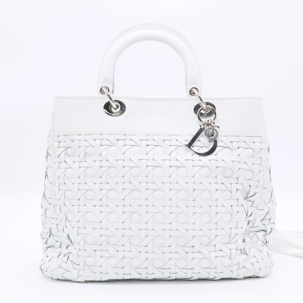 White Woven Leather Lady Dior Avenue Tote Twins B20276