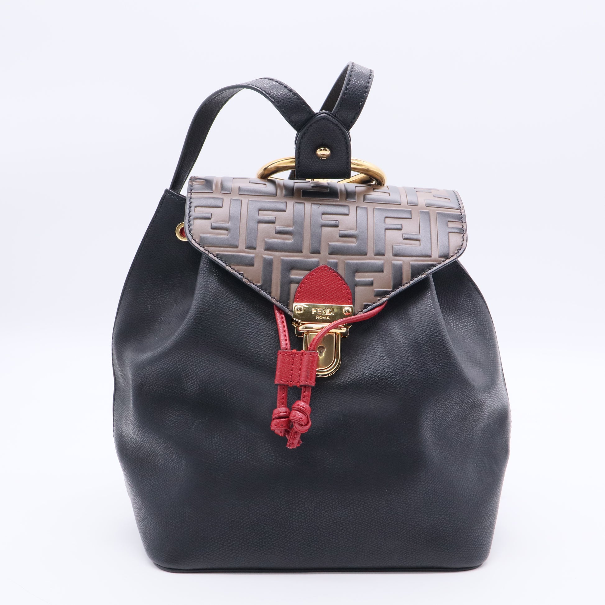 Drawstring Flap Backpack Leather with Zucca Embossed Detail Small  B20598