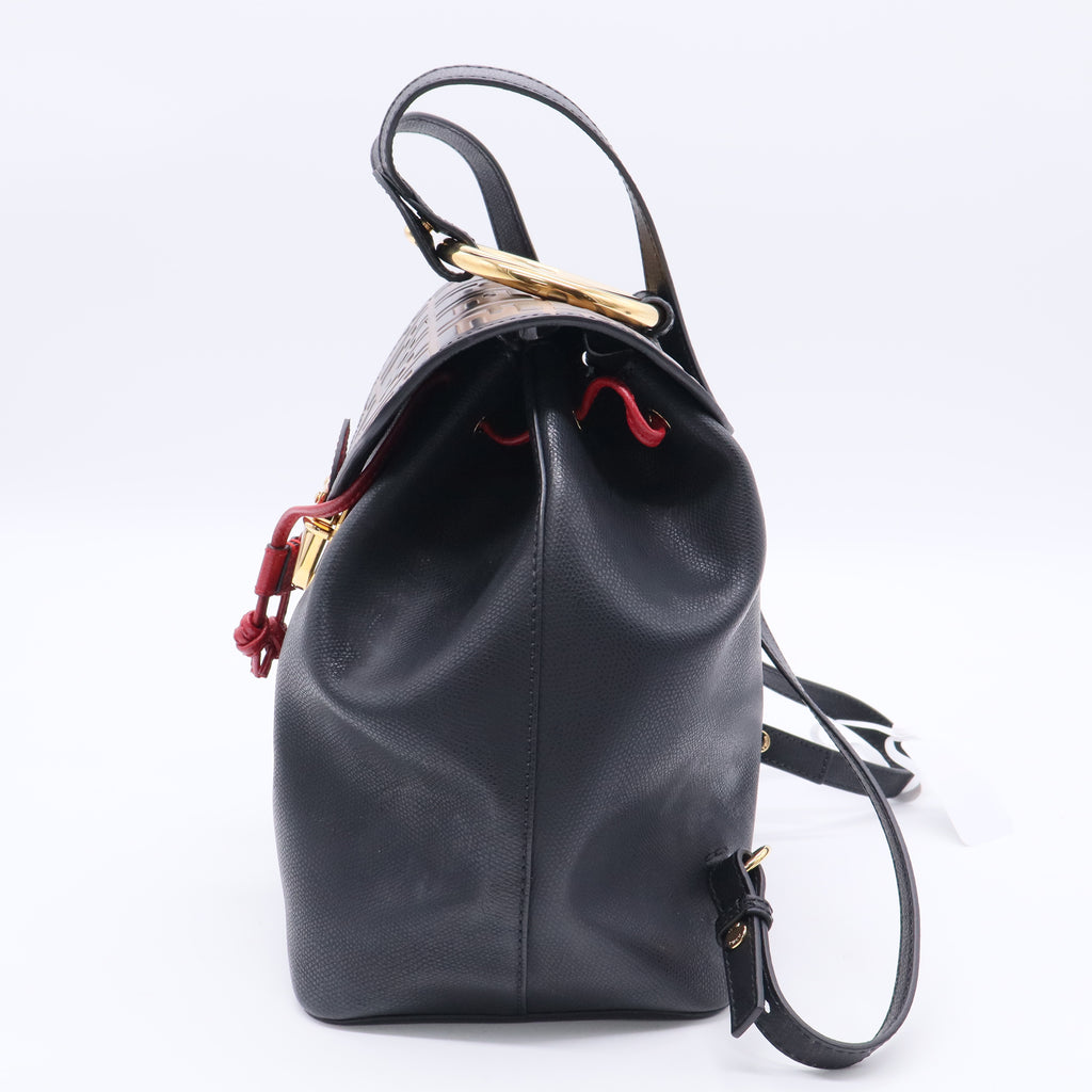 Drawstring Flap Backpack Leather with Zucca Embossed Detail Small  B20598