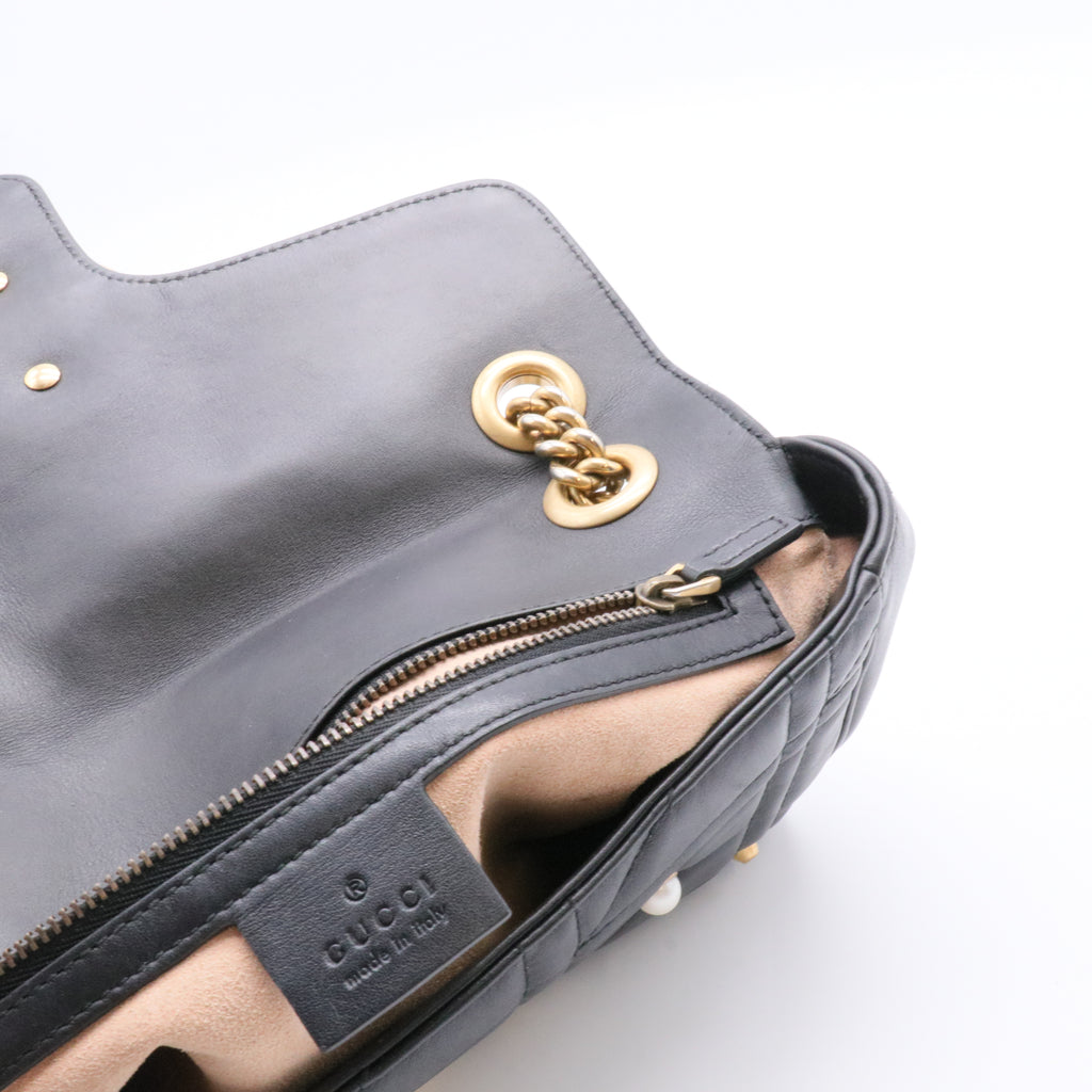 Pearly GG Marmont Flap Bag Embellished Matelasse Leather