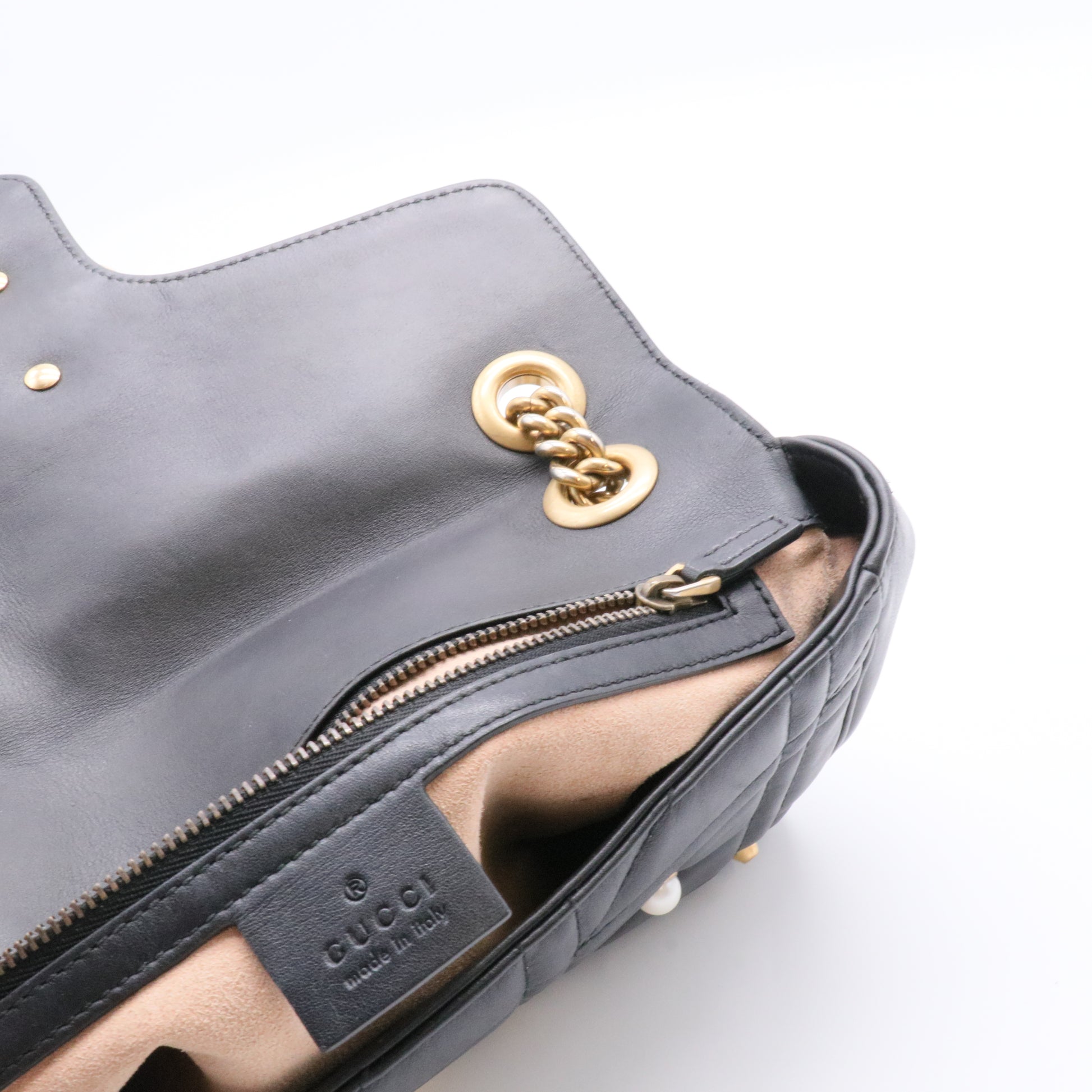 Pearly GG Marmont Flap Bag Embellished Matelasse Leather