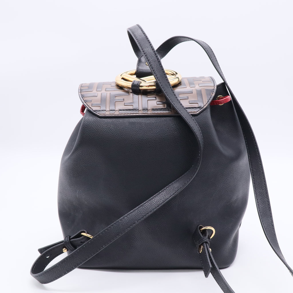 Drawstring Flap Backpack Leather with Zucca Embossed Detail Small  B20598