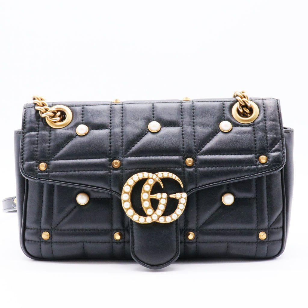 Pearly GG Marmont Flap Bag Embellished Matelasse Leather