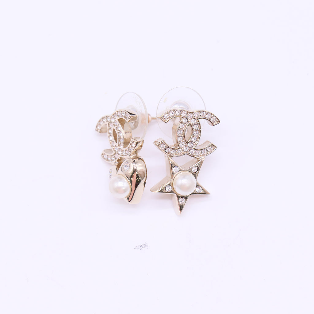 Chanel Crystal Pearl CC Star Heart Asymmetric Earrings W22136