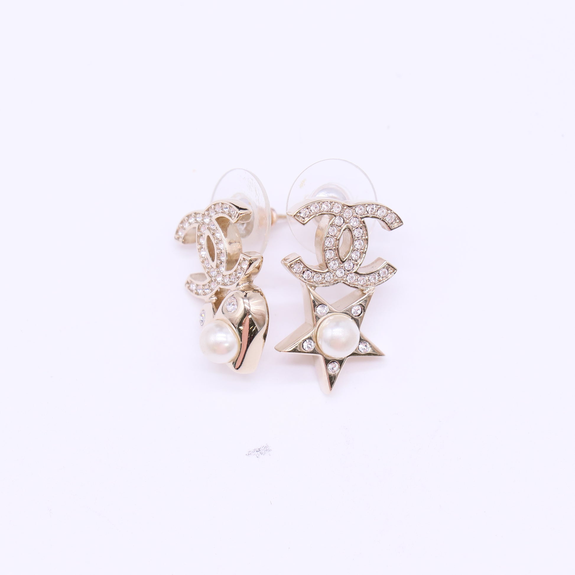 Chanel Crystal Pearl CC Star Heart Asymmetric Earrings W22136