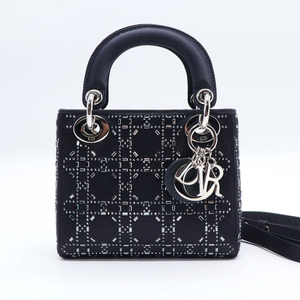 Black Mini Satin Cannage Strass Crystal Embellished Lady Dior Twins